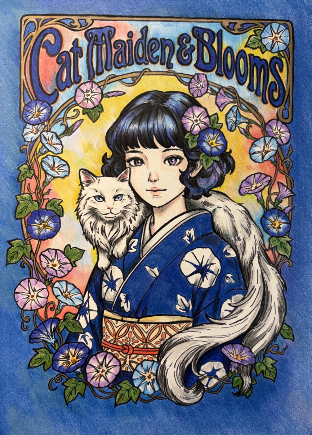 Cat Maiden & Blooms — original cover art, hand-colored