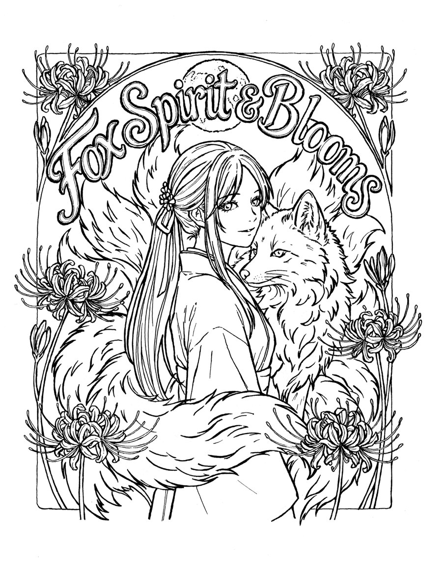 Fox Spirit & Blooms — original cover line art, drawn by hand