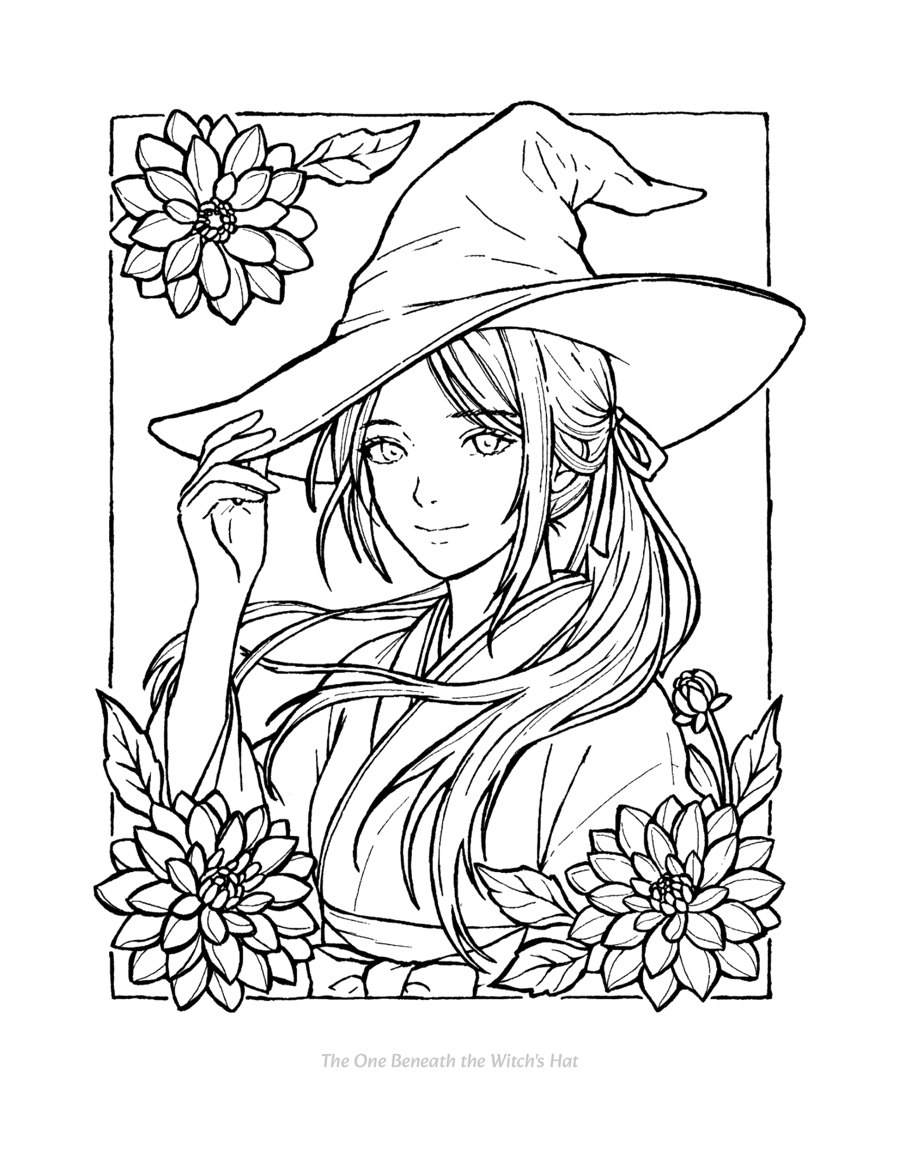 A shrine maiden tipping a witch's hat among dahlias — a page from Fox Spirit & Blooms