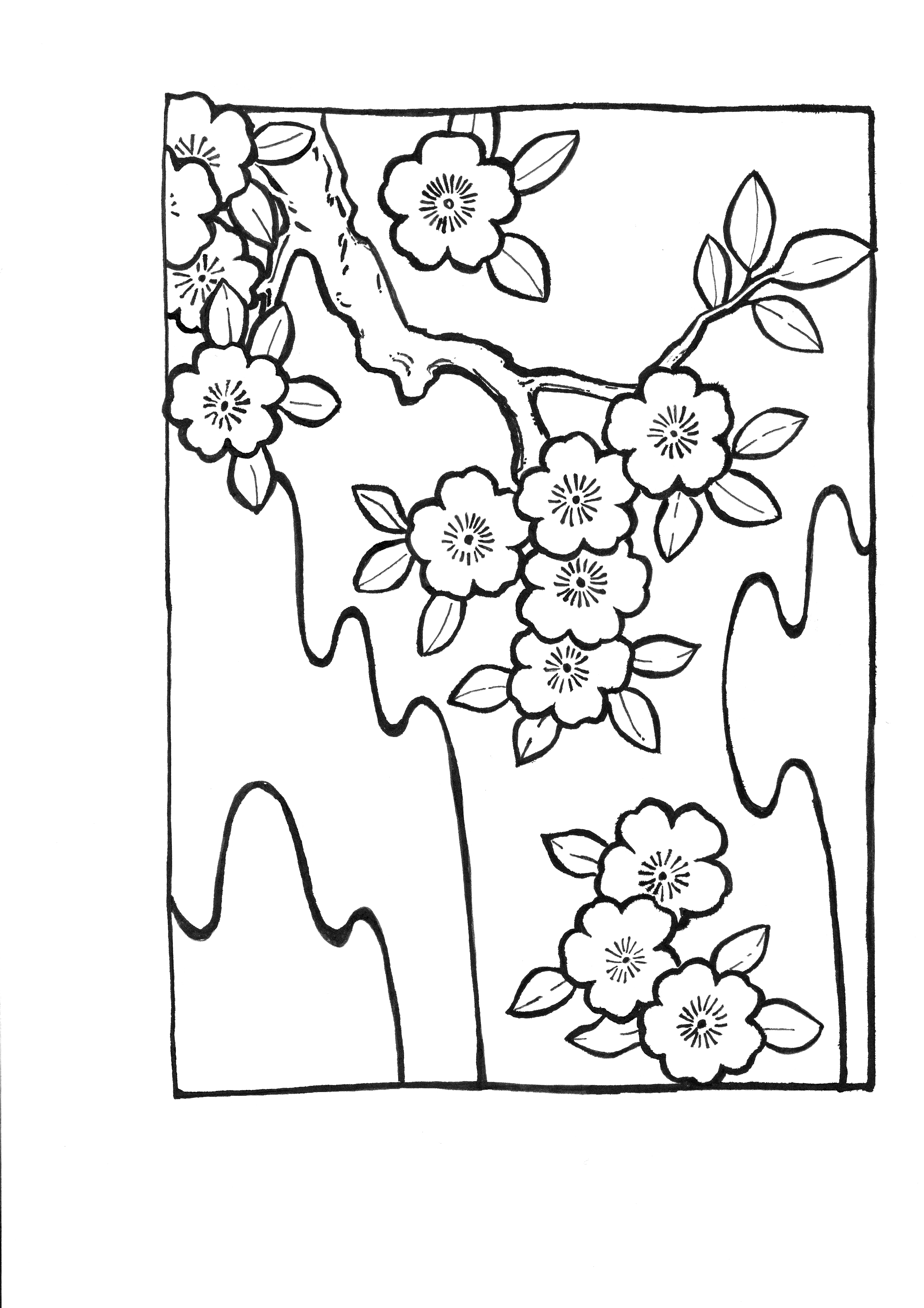 Cherry blossom line art — Ukiyo-e inspired